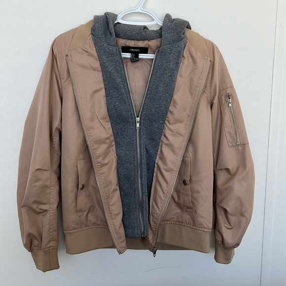 Forever 21 Layered Look Bomber Jacket Small Tan Grey - Picture 1 of 4